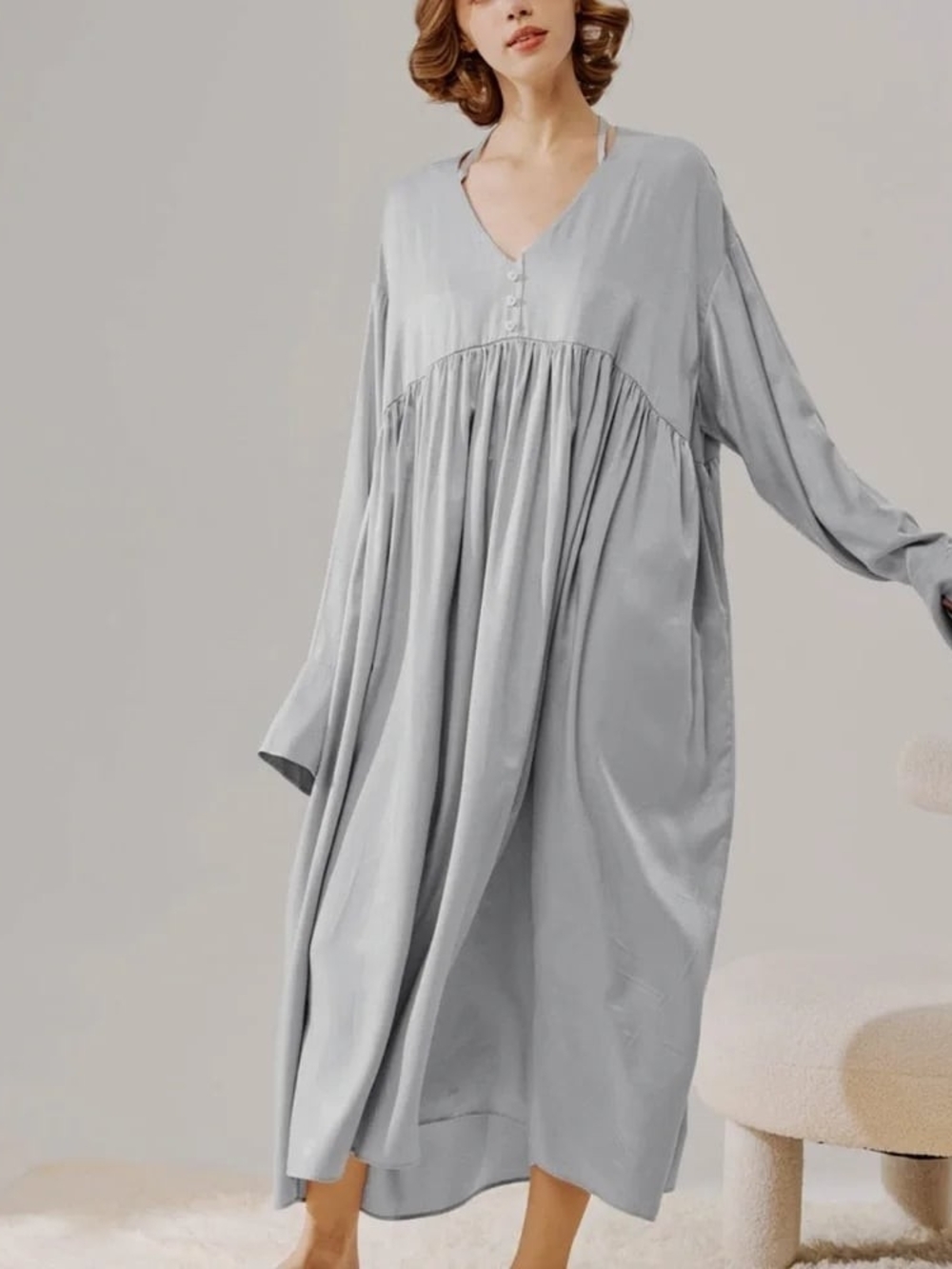 Relaxed Drape Shirt Dress Long Sleeve Maxi Dress in Light Blue.